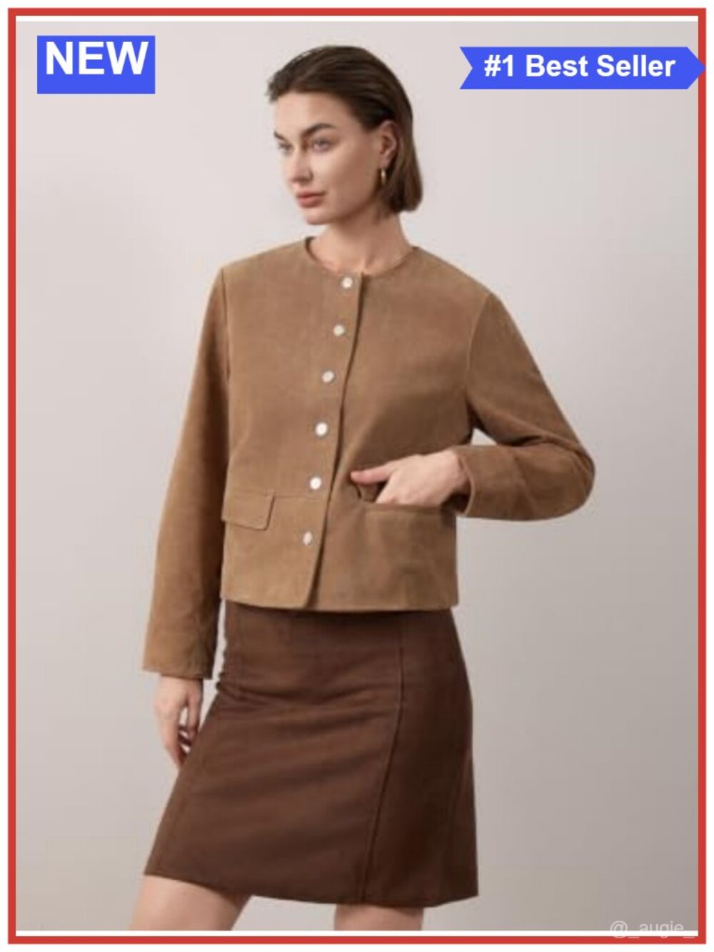 Womens Real Suede Leather Jacket Pigskin Cropped Coat Button Down
